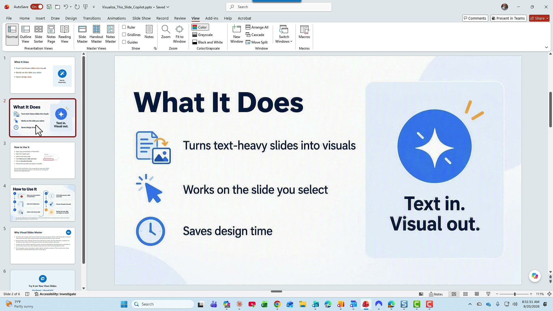 PowerPoint slide 2 titled What It Does, a visual version with icons beside each bullet and a large Text in, Visual out graphic