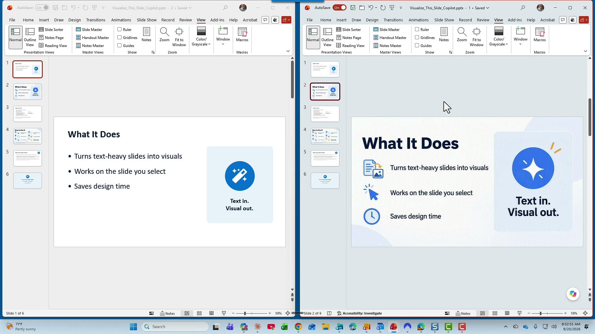 Two PowerPoint windows side by side, the left showing the text version of the What It Does slide and the right showing the visual version