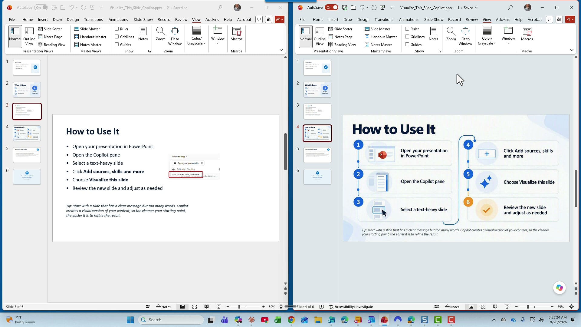 Two PowerPoint windows side by side, slide 3 with How to Use It as a bulleted list on the left and slide 4 with the same steps as a numbered visual on the right