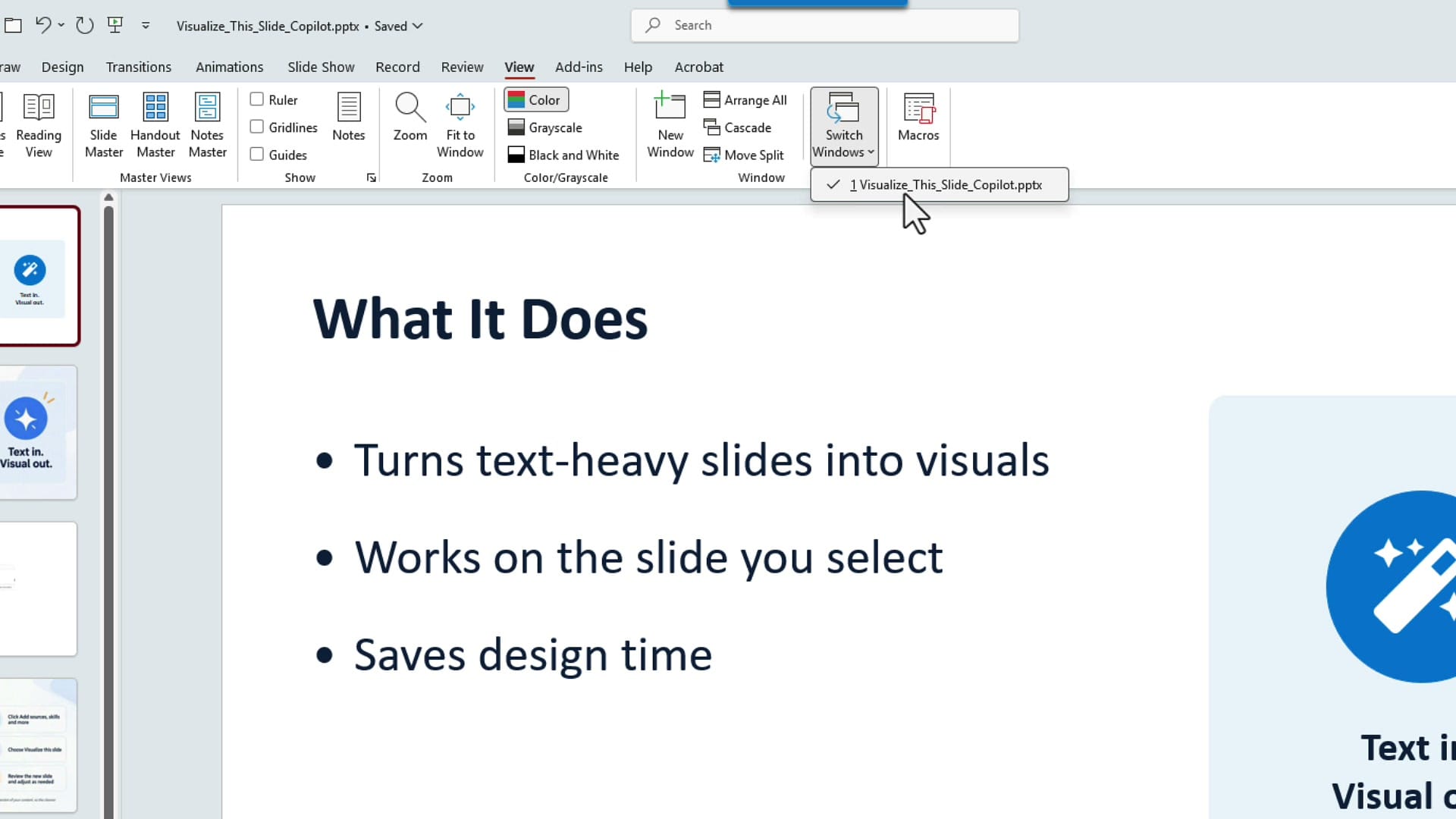 PowerPoint View tab with the Switch Windows menu open listing a single presentation, Visualize_This_Slide_Copilot.pptx