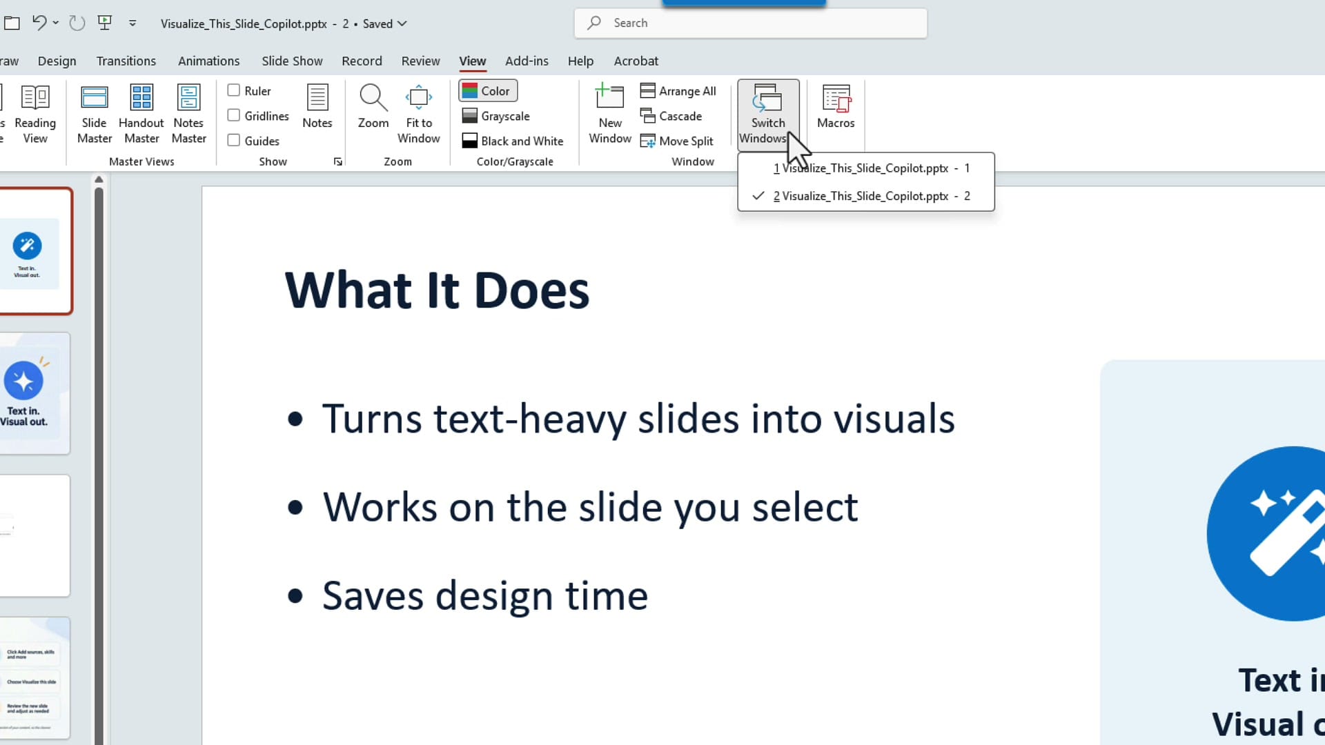 Switch Windows menu in PowerPoint listing Visualize_This_Slide_Copilot.pptx - 1 and Visualize_This_Slide_Copilot.pptx - 2