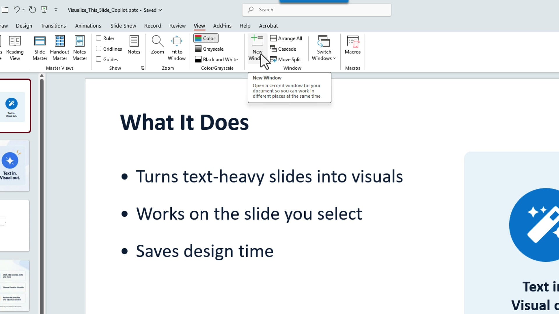 PowerPoint View tab with the New Window button highlighted and its tooltip: Open a second window for your document so you can work in different places at the same time