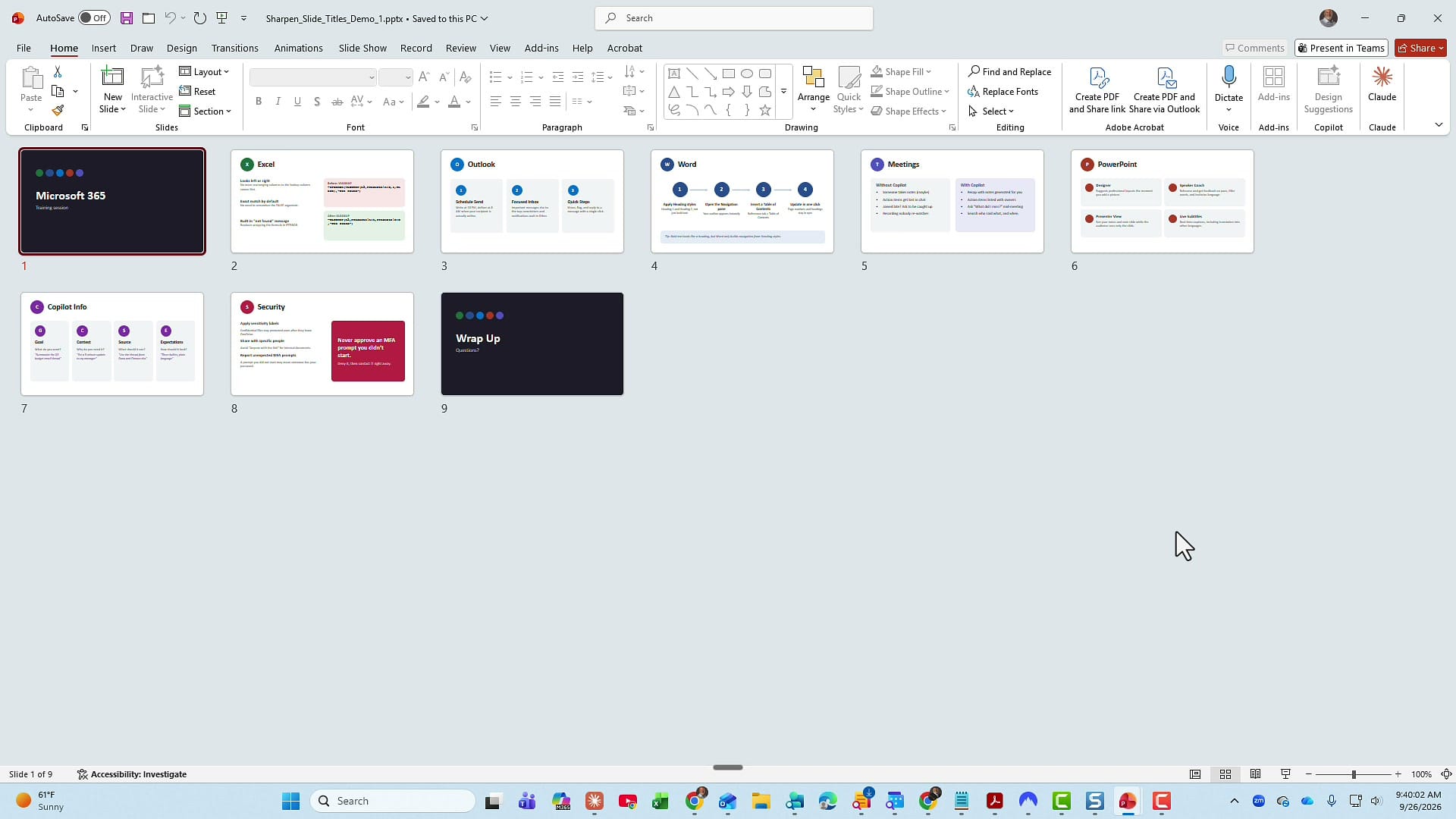 PowerPoint Slide Sorter view showing nine slides titled Microsoft 365, Excel, Outlook, Word, Meetings, PowerPoint, Copilot Info, Security, and Wrap Up