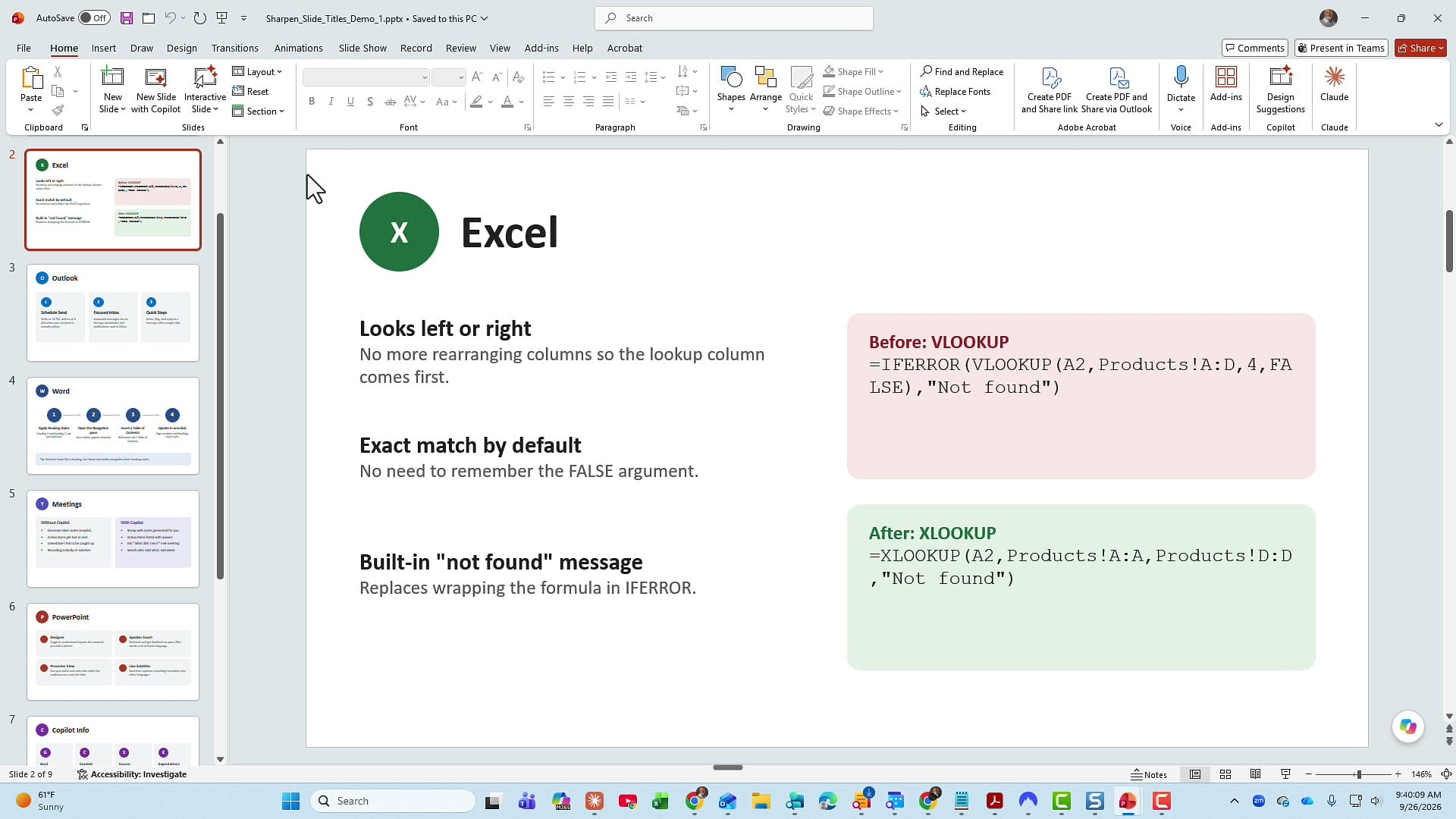 PowerPoint slide titled Excel comparing a VLOOKUP formula wrapped in IFERROR with an XLOOKUP formula