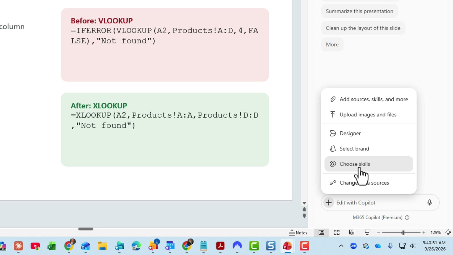 PowerPoint Copilot pane with the plus menu open showing Add sources, skills, and more, Upload images and files, Designer, Select brand, and Choose skills