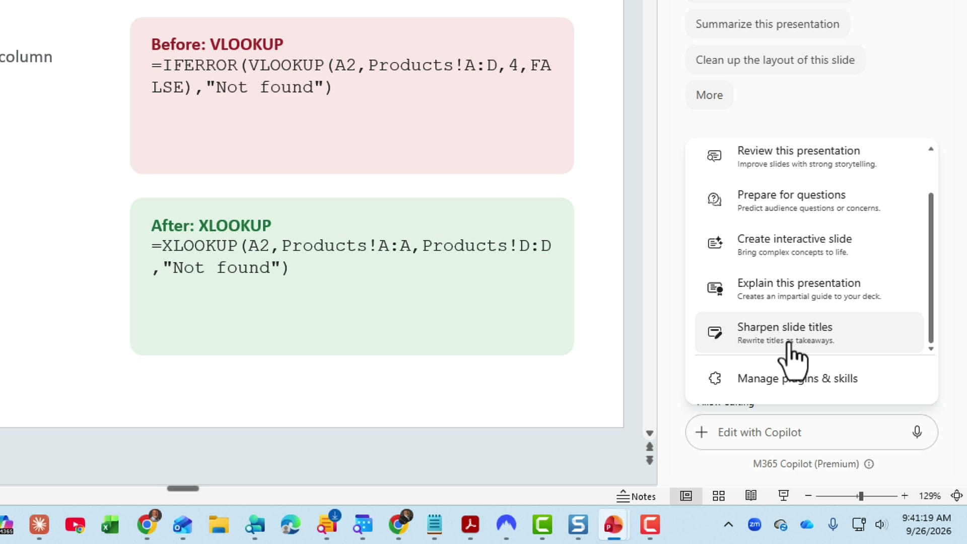 Copilot skills list in PowerPoint with Review this presentation, Prepare for questions, Create interactive slide, Explain this presentation, and Sharpen slide titles highlighted