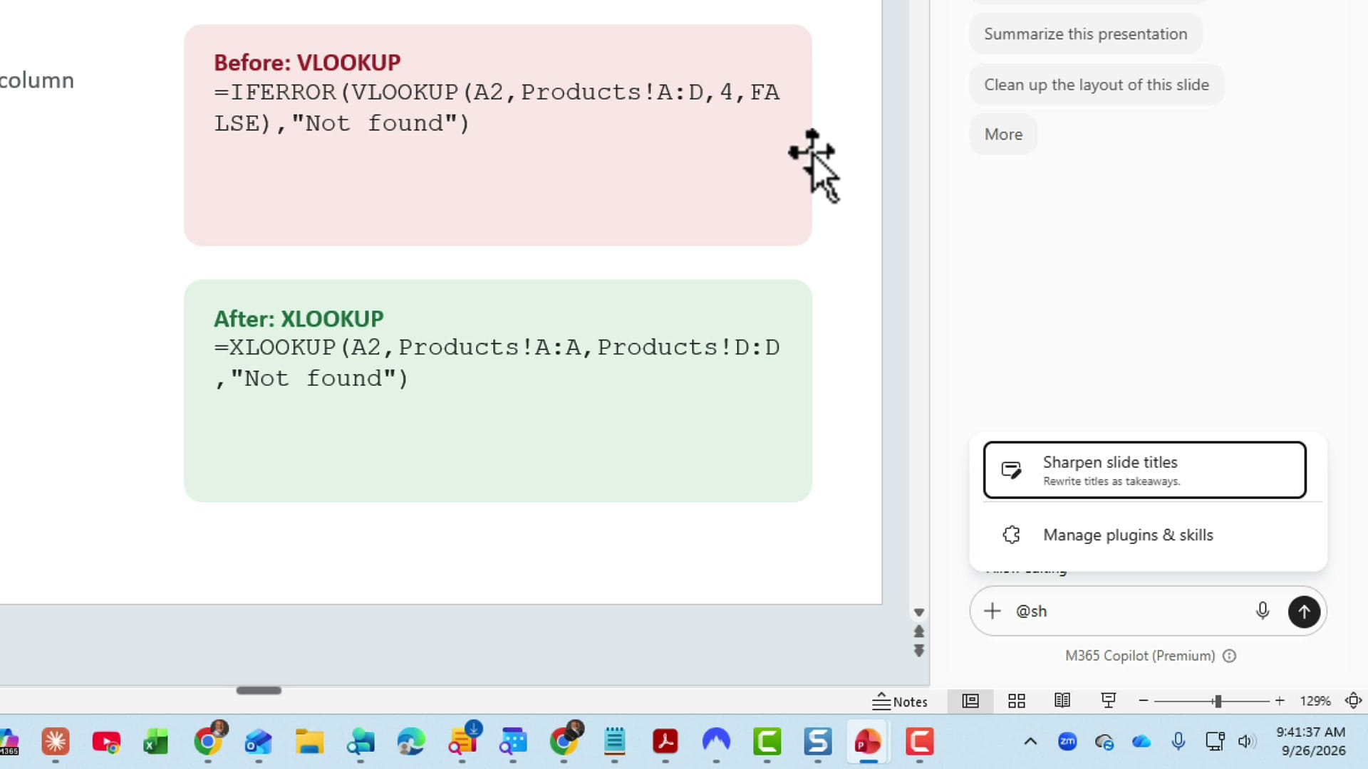 PowerPoint Copilot box with @sh typed and the Sharpen slide titles skill suggested above it
