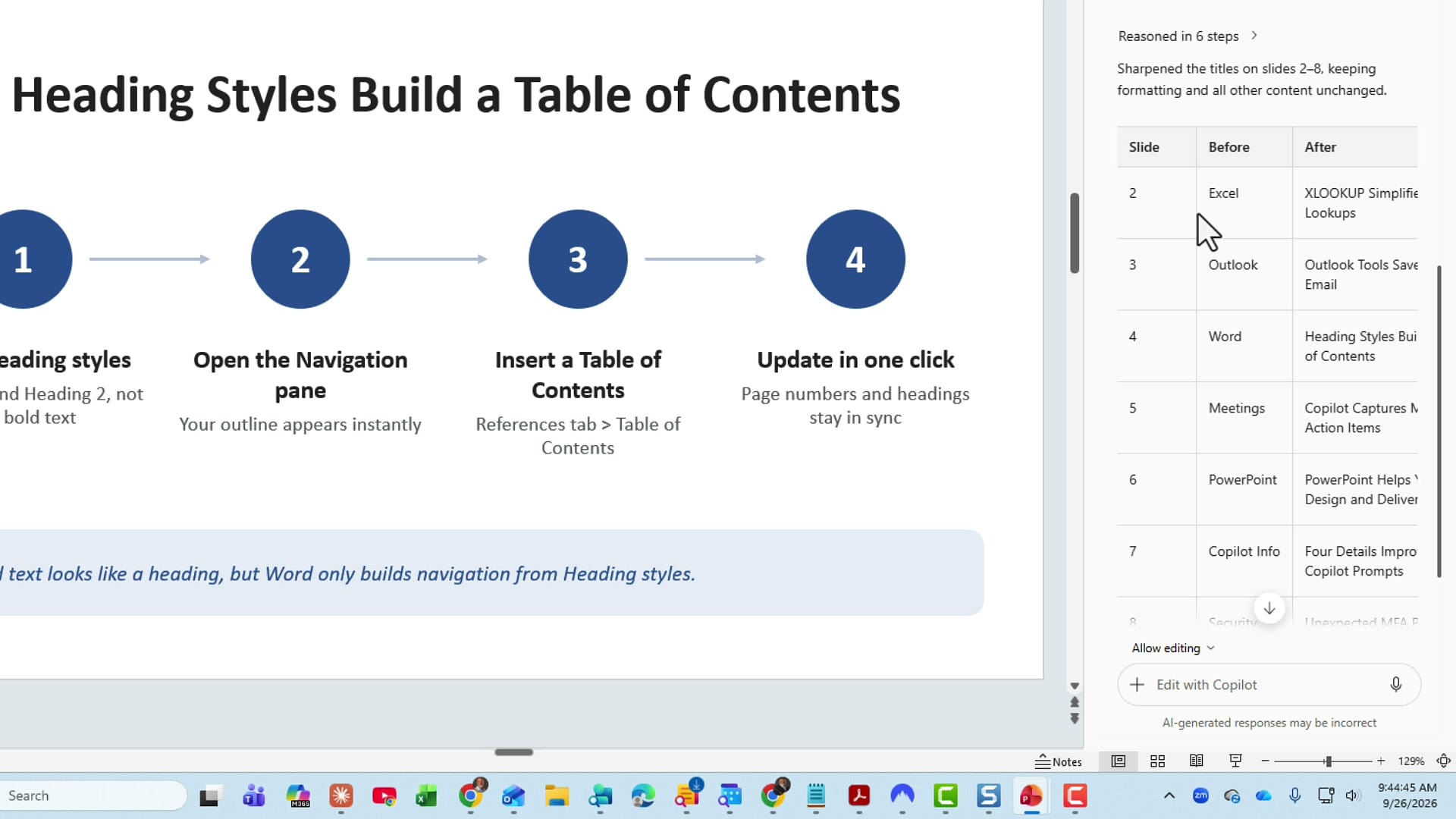 Copilot summary table listing slides 2 to 7 with Before titles Excel, Outlook, Word, Meetings, PowerPoint, Copilot Info and their sharpened After titles