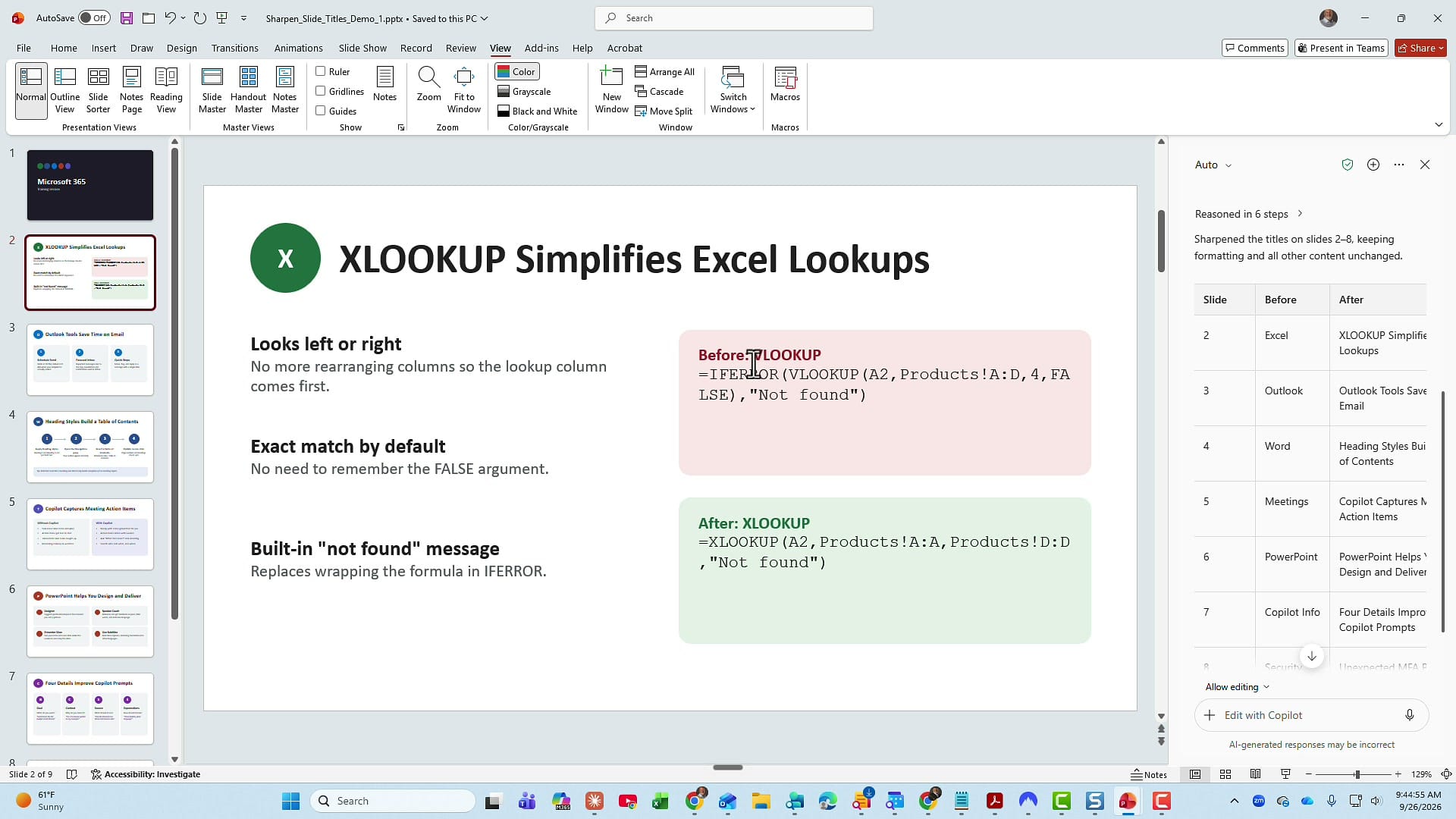 PowerPoint slide 2 now titled XLOOKUP Simplifies Excel Lookups, with the Copilot summary in the pane on the right