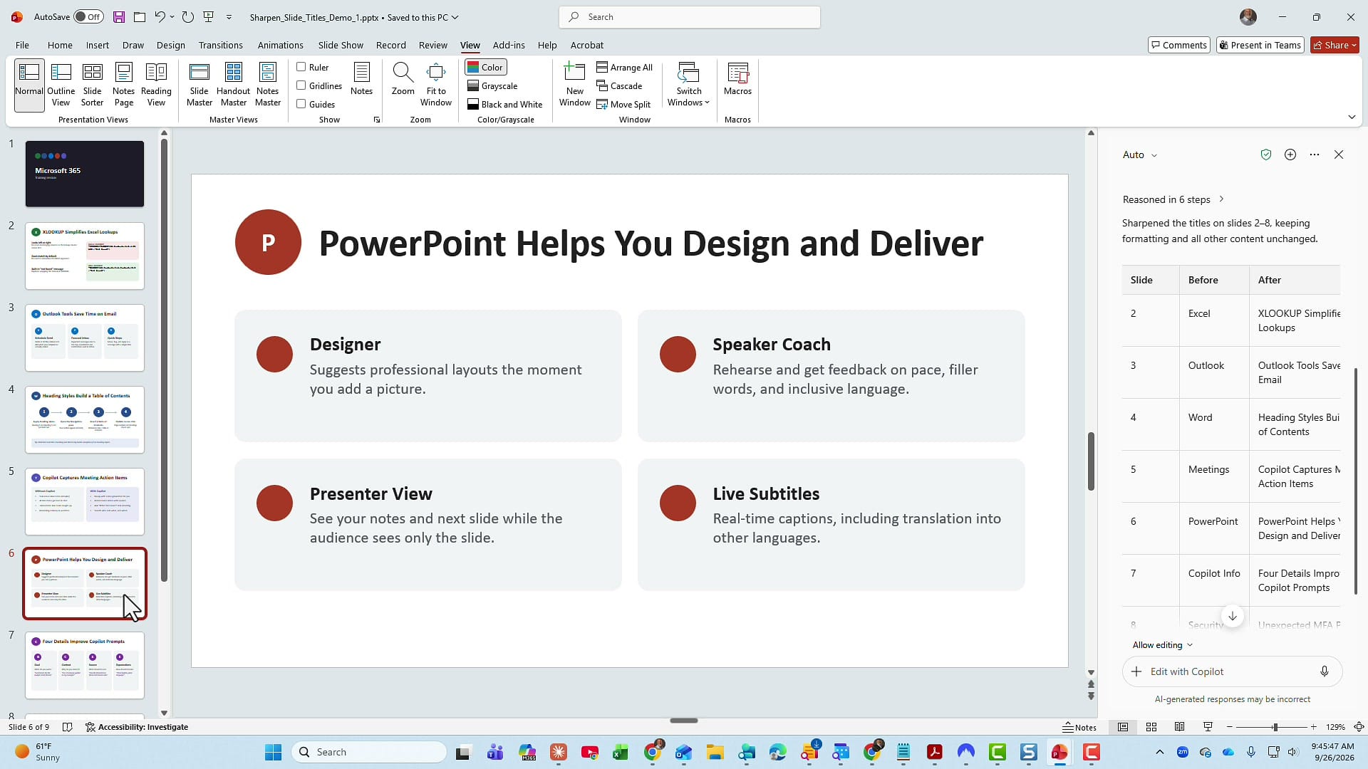 PowerPoint slide titled PowerPoint Helps You Design and Deliver with boxes for Designer, Speaker Coach, Presenter View, and Live Subtitles