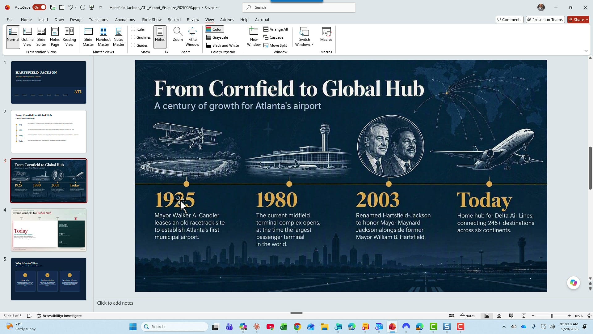 Redesigned dark blue From Cornfield to Global Hub slide with illustrations of a vintage plane, airport terminal, two portraits, and a modern jet above the years 1925, 1980, 2003, and Today