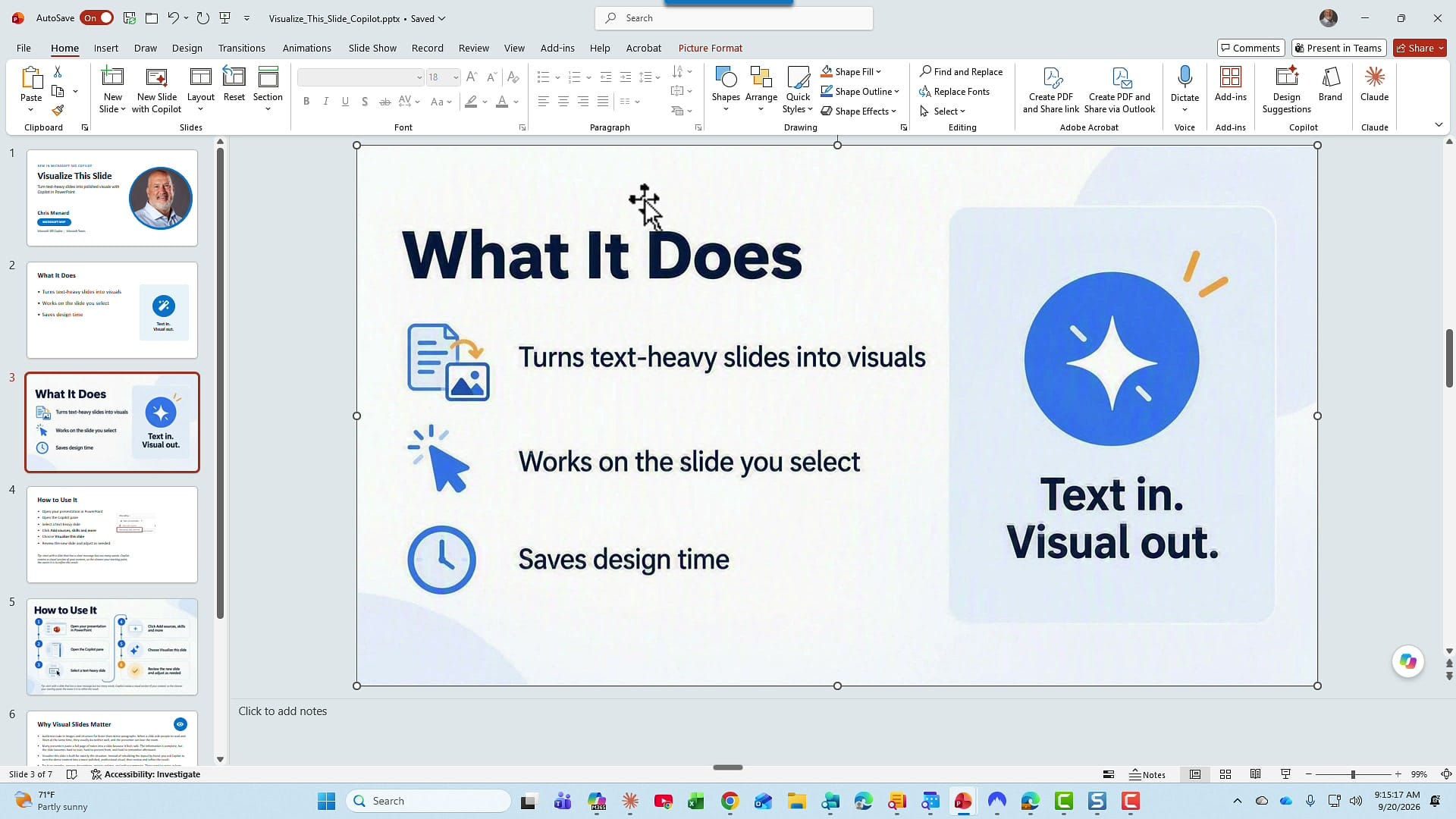 New PowerPoint slide 3 created by Visualize this slide, showing What It Does with an icon next to each bullet and a large Text in. Visual out. graphic, selected with the Picture Format tab visible