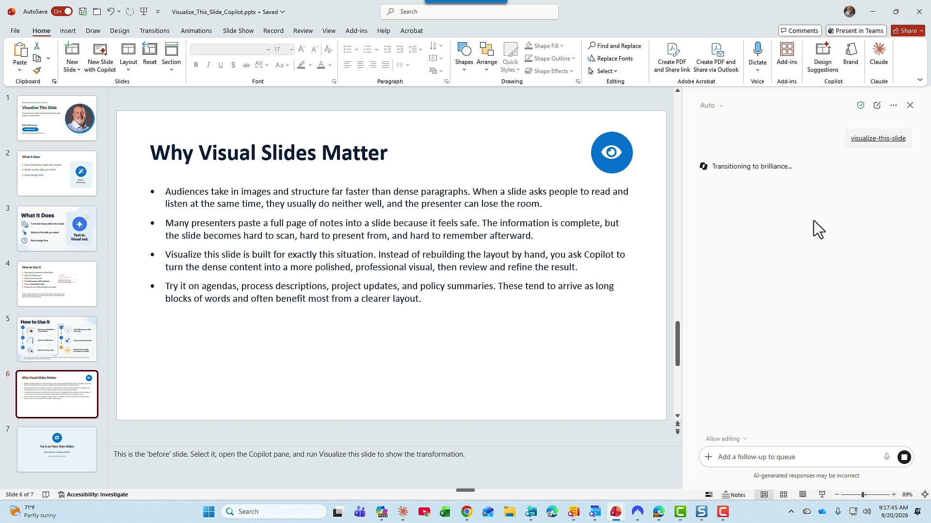 Why Visual Slides Matter slide with four long bullets while the Copilot pane shows the visualize-this-slide tag and the status Transitioning to brilliance