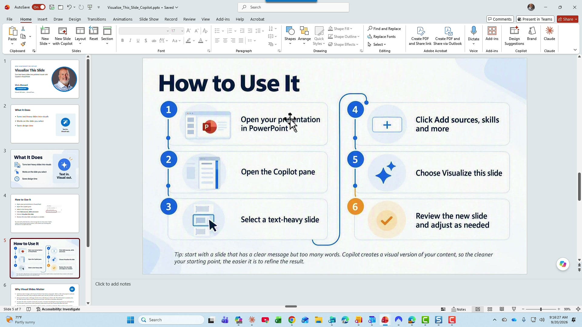 Redesigned How to Use It slide showing six numbered steps with icons in two columns connected by a line, with the tip text at the bottom