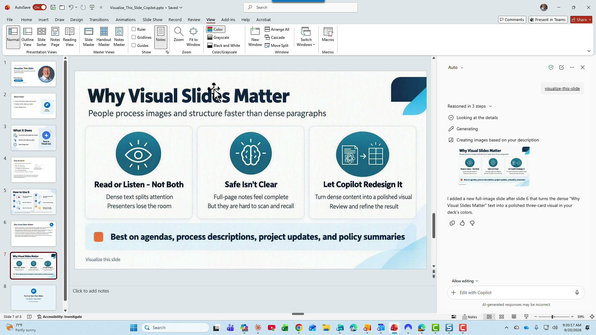 Redesigned Why Visual Slides Matter slide with three teal icon cards labeled Read or Listen - Not Both, Safe Isn't Clear, and Let Copilot Redesign It, plus an orange callout bar at the bottom