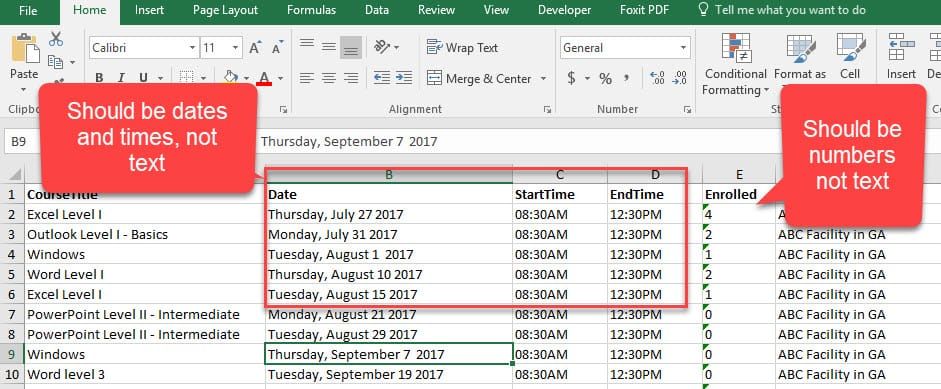 Correct data imported into Excel from a database