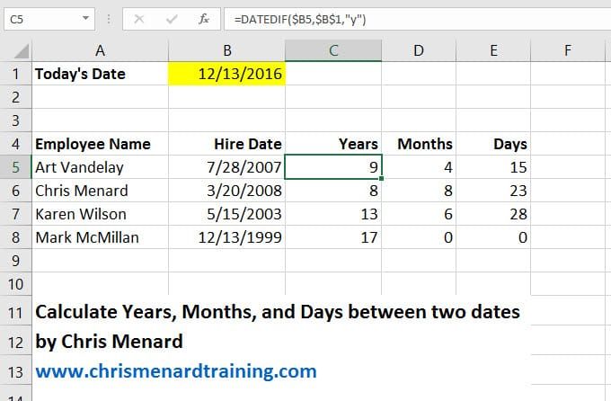 Datedif function in Microsoft Excel