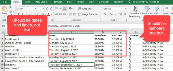 Correct data imported into Excel from a database