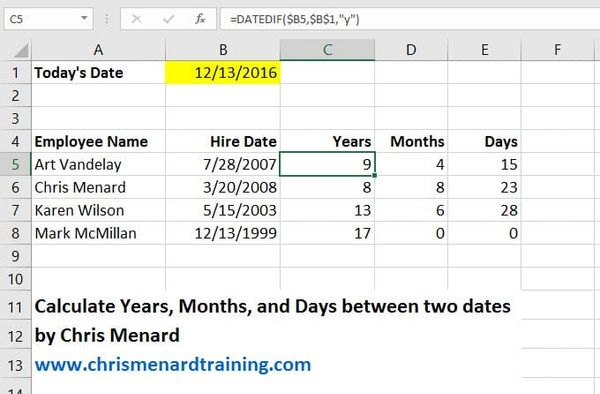 Datedif function in Microsoft Excel