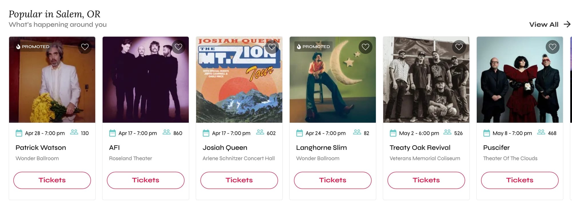Screenshot of Bandsintown concert listings showing that a search from Salem, OR mostly reveals Portland, OR venues.