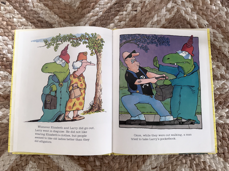 An illustration from "Elizabeth and Larry" by Marilyn Sadler, showing both title characters as old ladies on one side and a man trying to steal Larry's purse on the other.