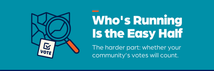 Illustration of a magnifying glass over a map with a "VOTE" ballot, beside the headline "Who's Running Is the Easy Half"