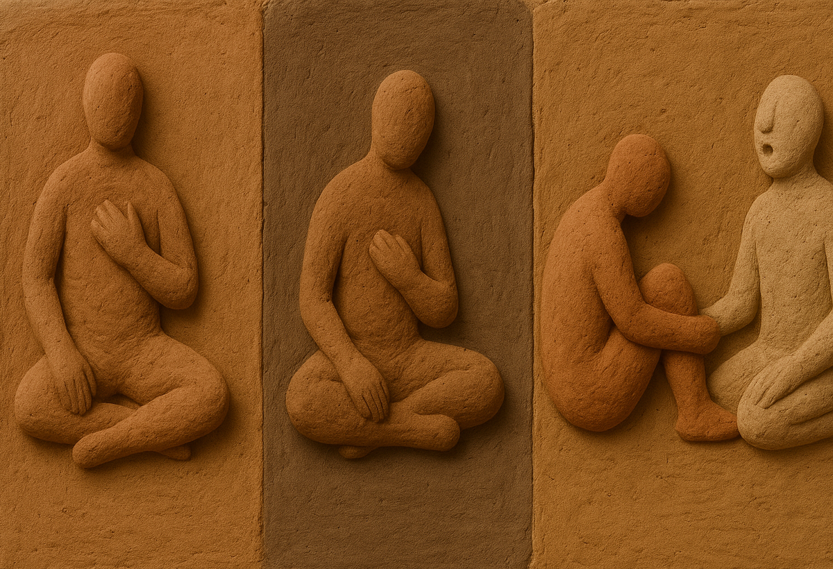 Clay relief artwork showing five somatic exercises, including breathwork, grounding, and vocal release, representing body-based techniques to reduce stress and anxiety.
