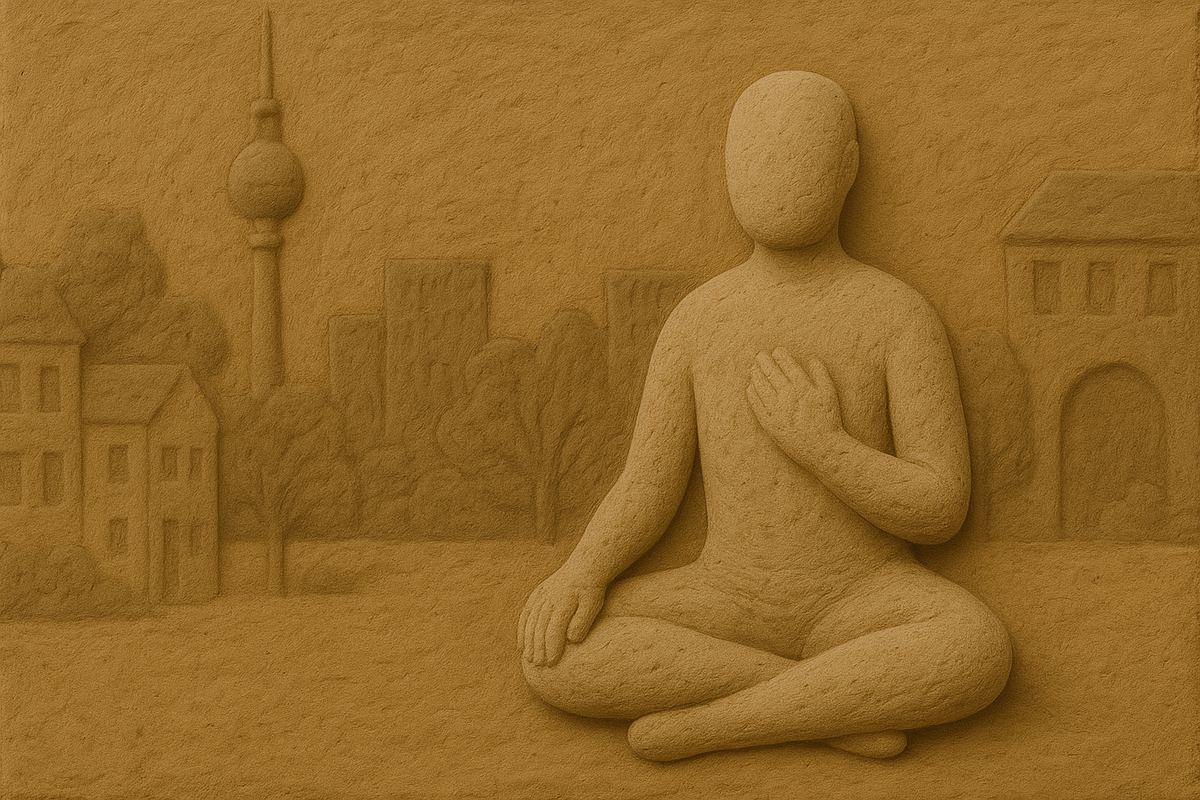 Clay relief scene of a seated figure in meditation with a stylized Berlin cityscape in the background, symbolizing somatic healing practices available across the city.