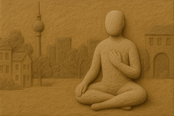 Clay relief scene of a seated figure in meditation with a stylized Berlin cityscape in the background, symbolizing somatic healing practices available across the city.