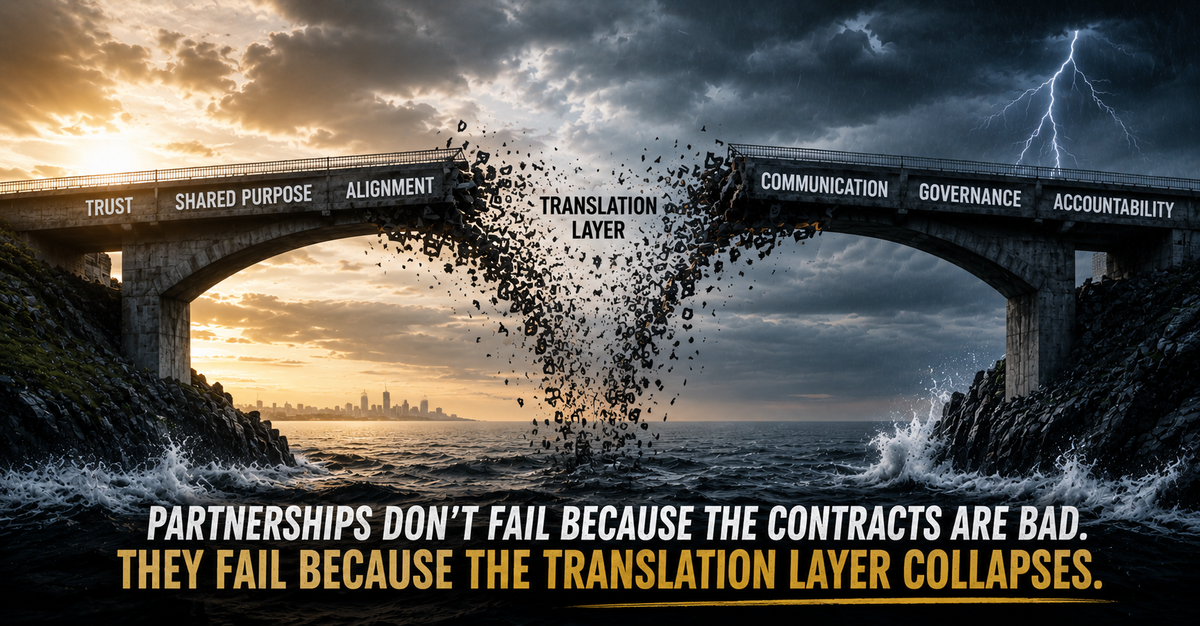 PARTNERSHIPS DON'T FAIL BECAUSE THE CONTRACTS ARE BAD :THEY FAIL BECAUSE THE TRANSLATION LAYER COLLAPSES.