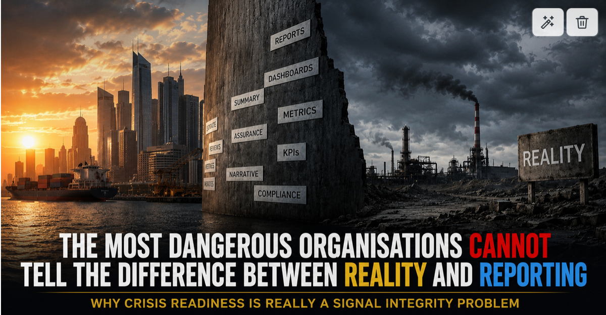 🚨 THE MOST DANGEROUS ORGANISATIONS CANNOT TELL THE DIFFERENCE BETWEEN REALITY AND REPORTING : Why Crisis Readiness Is Really A Signal Integrity Problem .