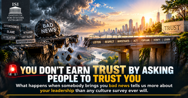 🚨 YOU DON’T EARN TRUST BY ASKING PEOPLE TO TRUST YOU What happens when somebody brings you bad news tells us more about your leadership than any culture survey ever will.