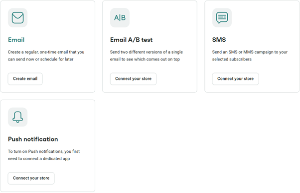 Omnisend campaign creation screen showing email SMS and push notification options