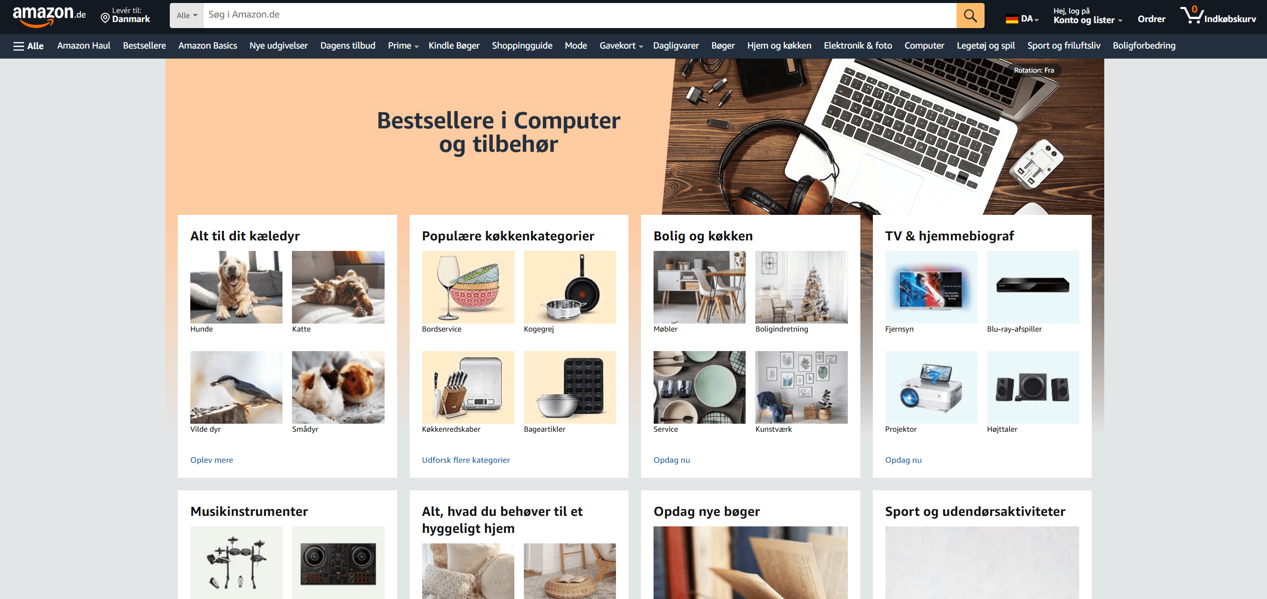 Amazon.de homepage showing category grid marketplace layout with no individual seller branding visible
