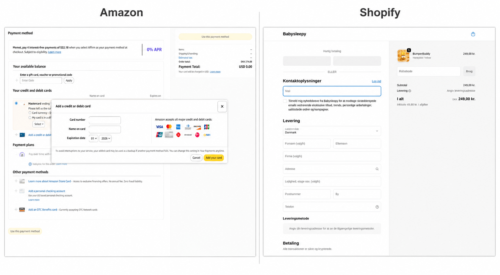 Side by side comparison of Shopify branded checkout and Amazon checkout showing difference in brand ownership and customer experience