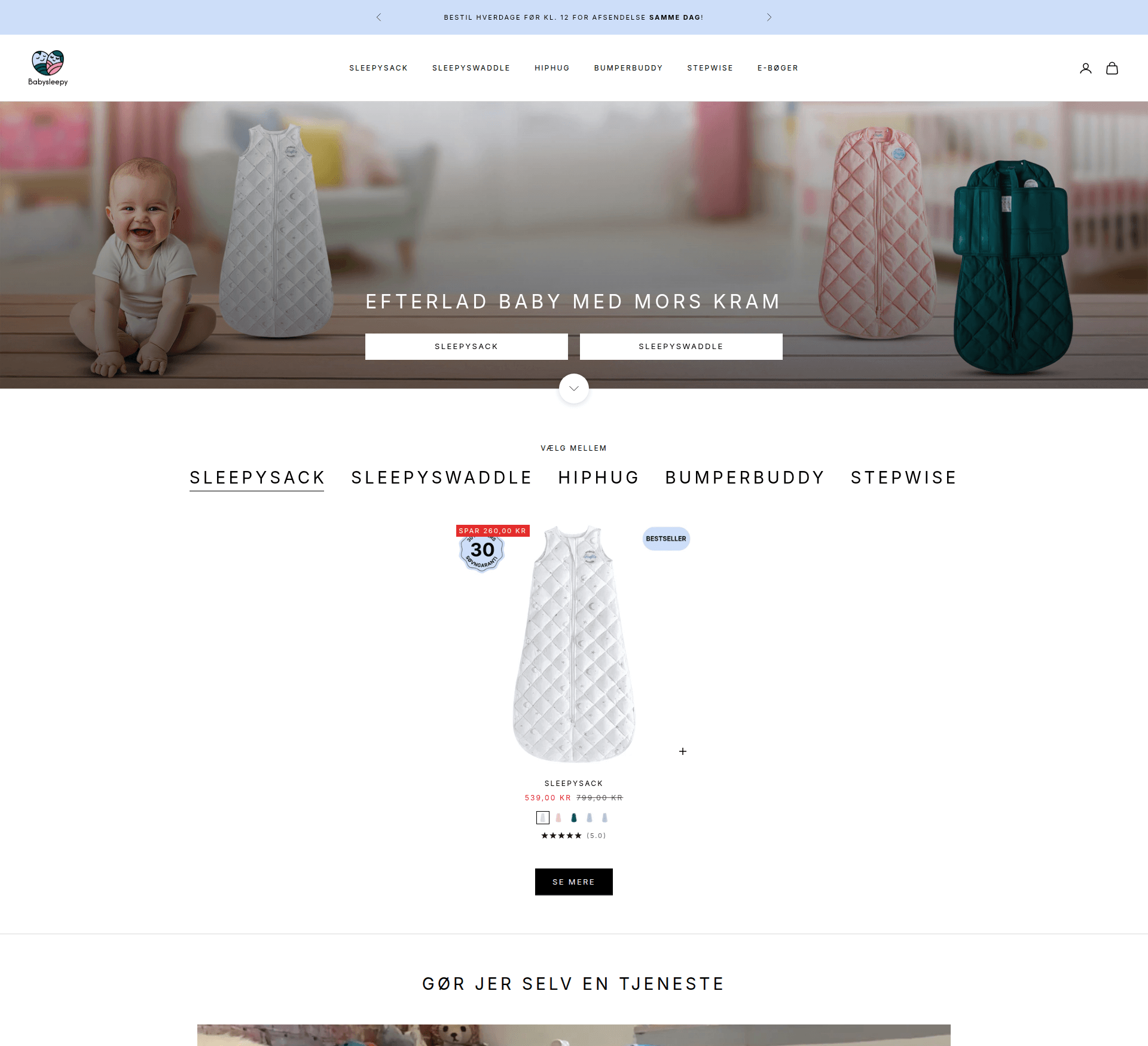 Babysleepy.dk Shopify storefront showing branded homepage with custom hero image, logo and navigation