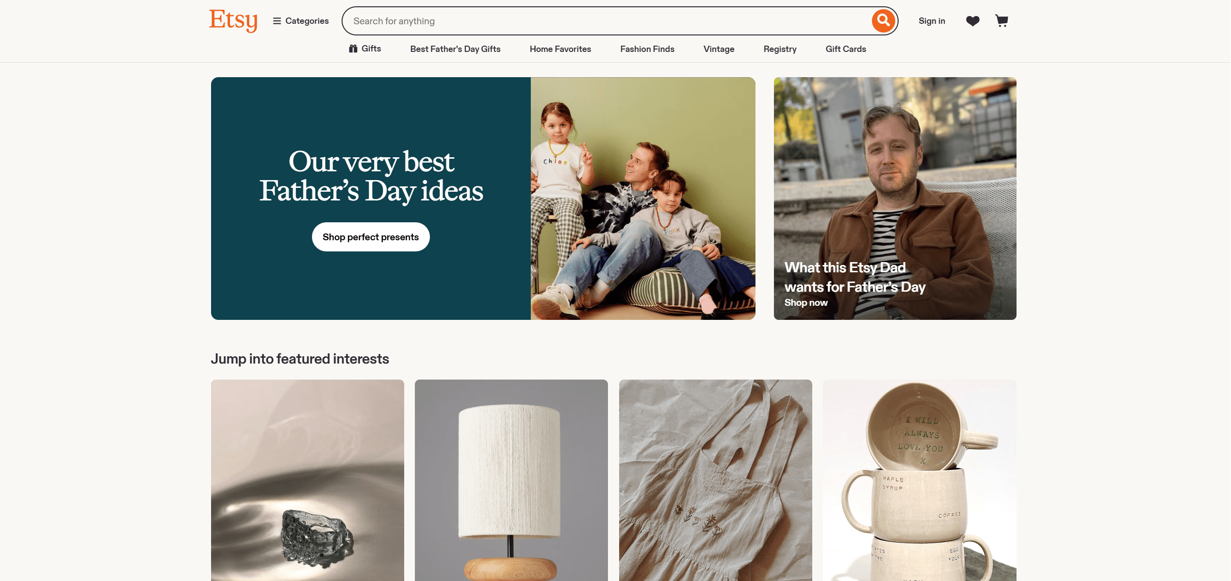 Etsy homepage showing Father's Day campaign with marketplace browse layout and Etsy branding throughout
