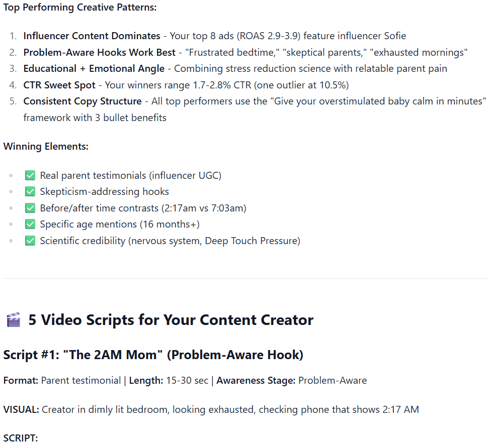 Triple Whale Moby analyzing top performing creative patterns from store data including hooks, copy structure and influencer content