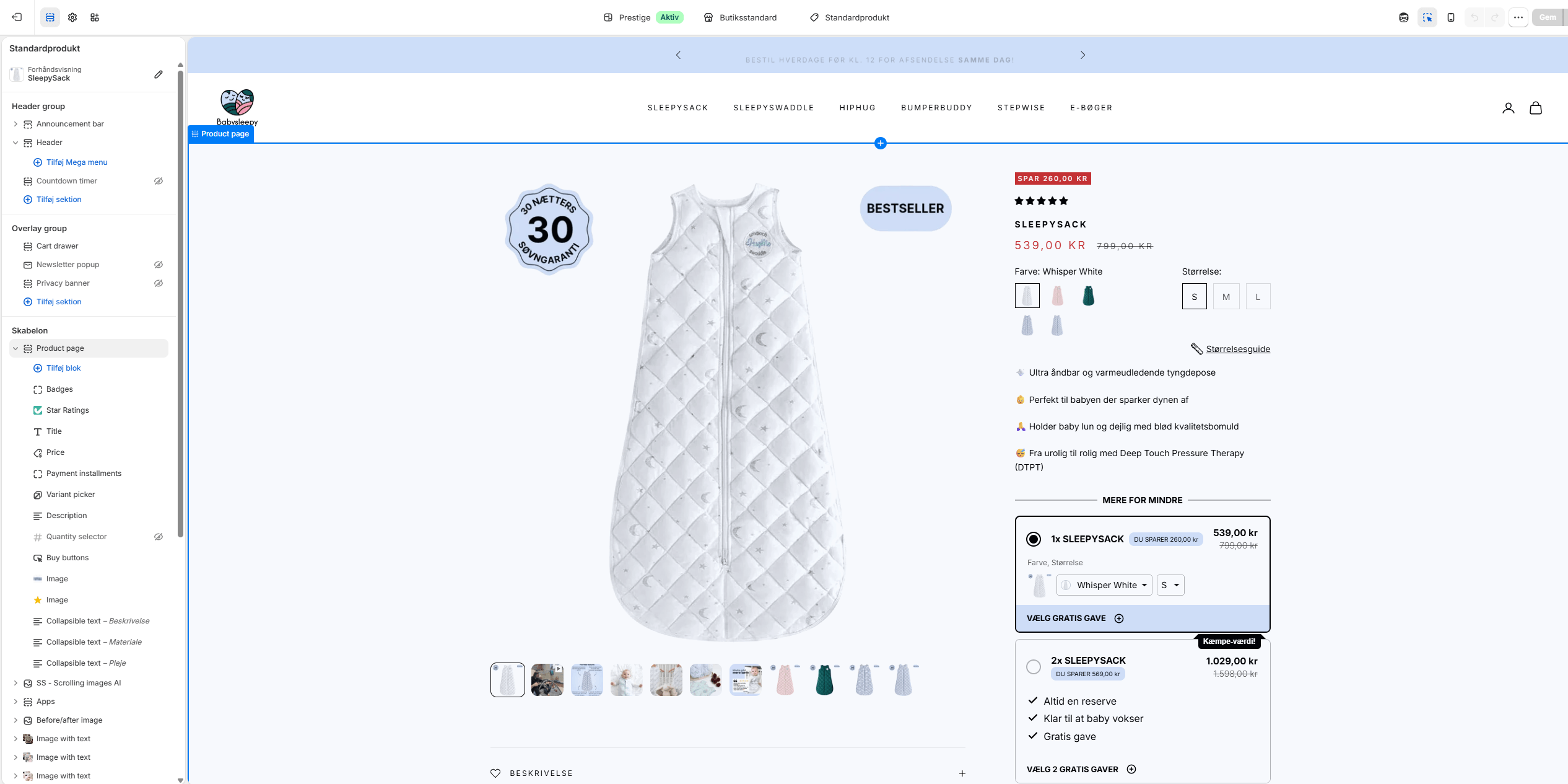 Shopify no-code theme editor — drag and drop section editing with live preview