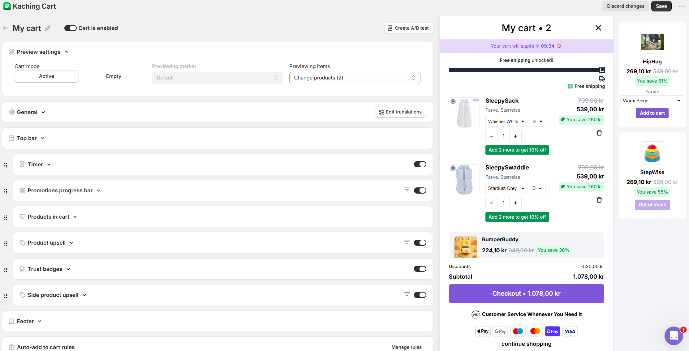 Kaching Cart Drawer Shopify app dashboard showing upsell configuration settings