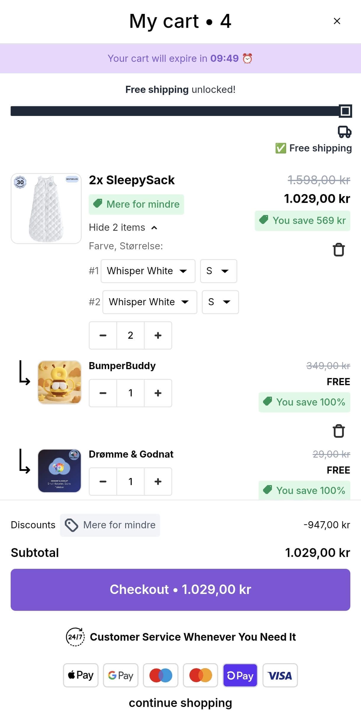 Kaching Cart Drawer mobile view on Shopify store showing slide cart upsell