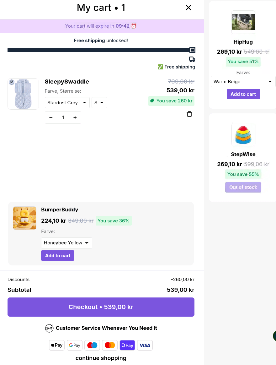 Kaching Cart Drawer open on Shopify storefront showing cart upsell and free shipping bar