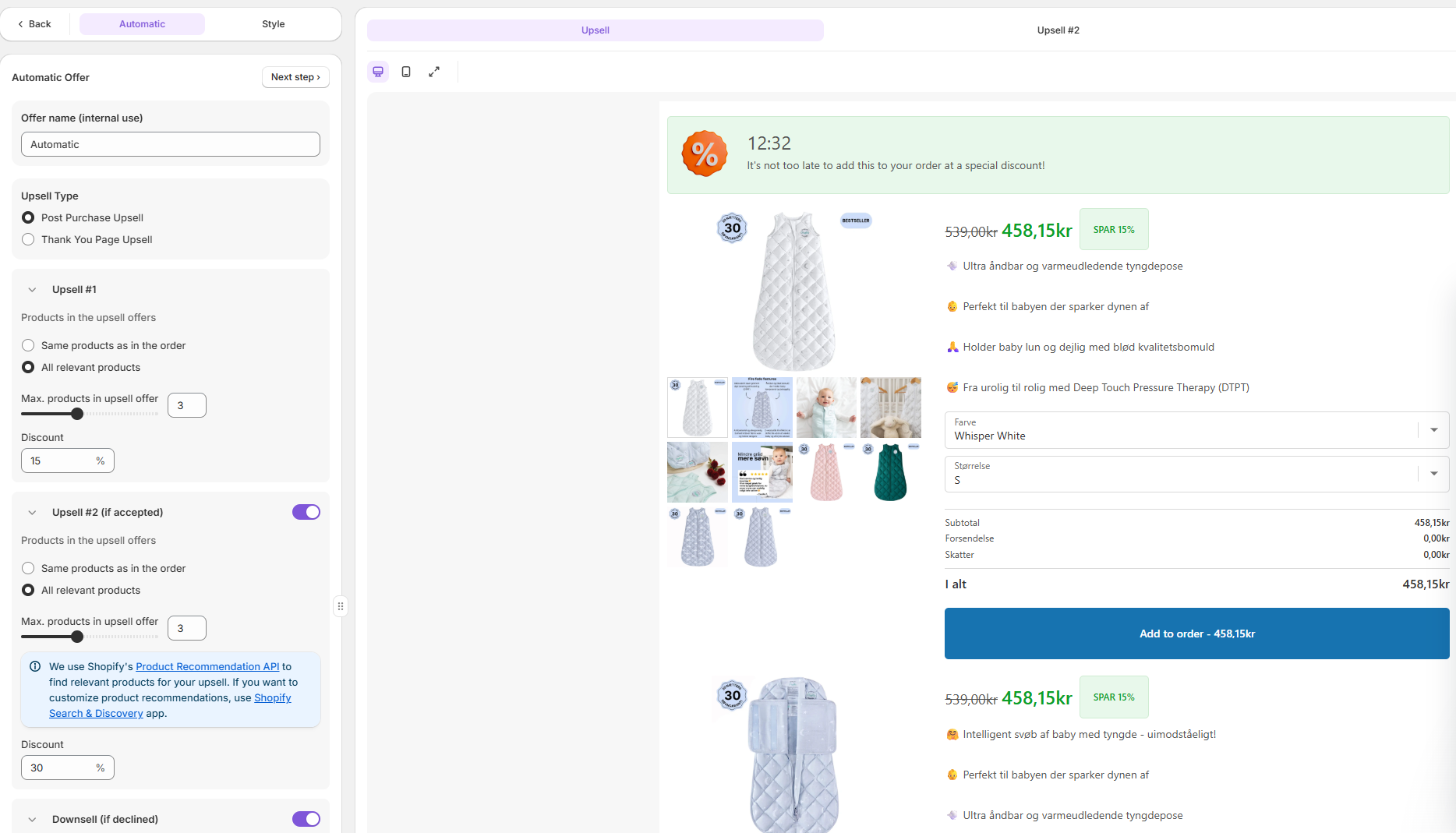 Kaching Post Purchase Upsell app dashboard showing offer configuration and live preview in Shopify