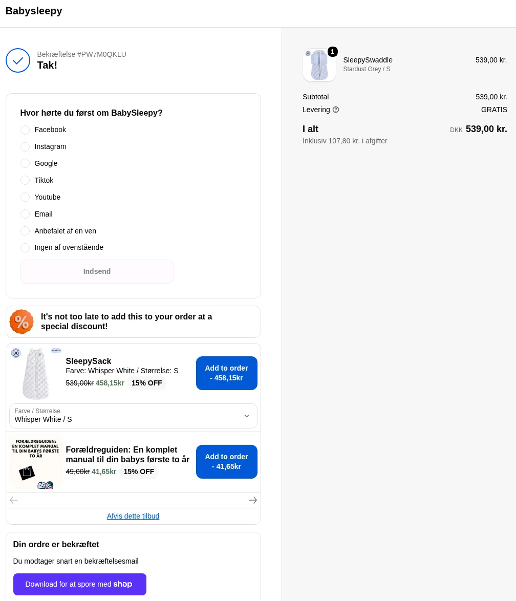Shopify thank you page showing post-purchase survey and Kaching upsell offer competing for attention