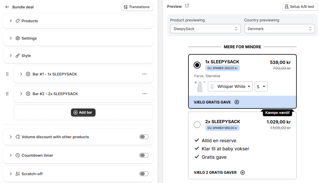 Kaching Bundles app interface showing bundle deal creation screen with live preview inside Shopify admin