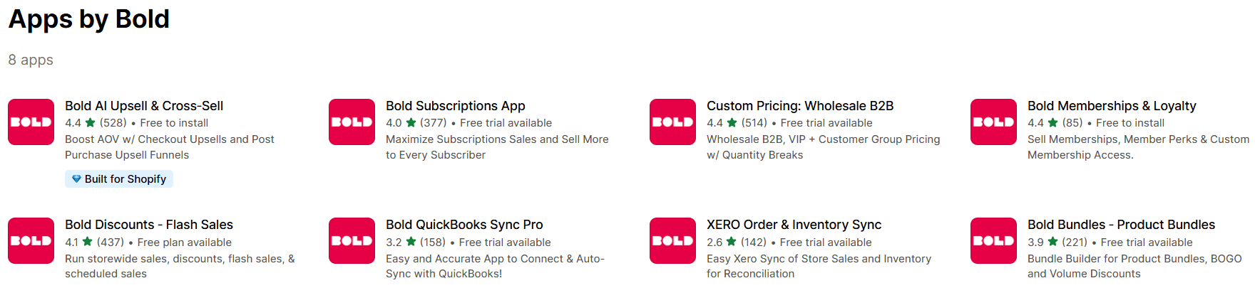 Bold Commerce apps overview on Shopify App Store
