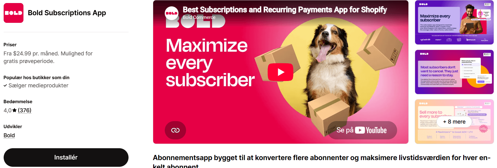 Bold Subscriptions Shopify App Store listing showing rating and pricing