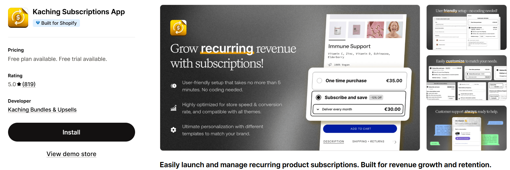 Kaching Subscriptions Shopify App Store listing page