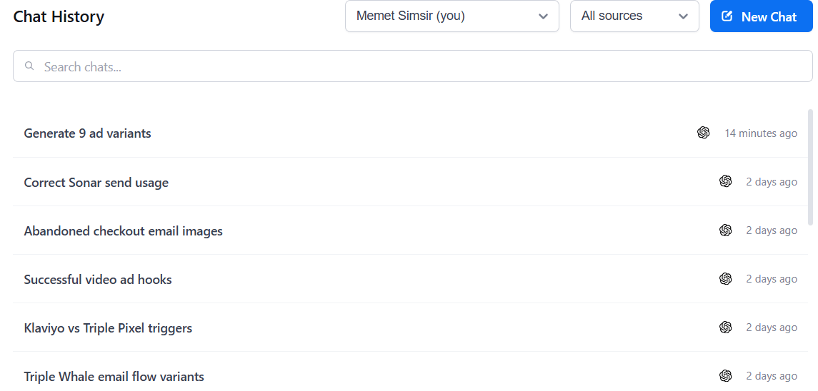 Triple Whale Moby AI chat history showing prompts including generate 9 ad variants, successful video ad hooks, Klaviyo vs Triple Pixel triggers, and Triple Whale email flow variants
