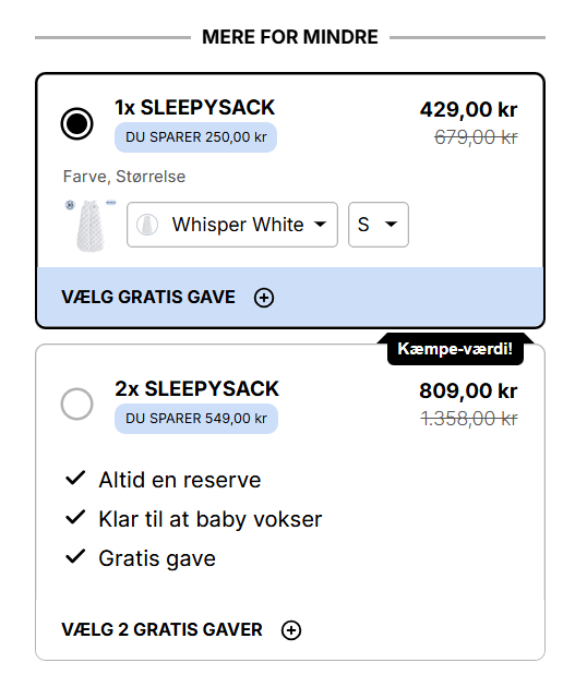 SleepySack Shopify bundle with one sleeping bag for DKK 429 and two for DKK 809, including free gift options.